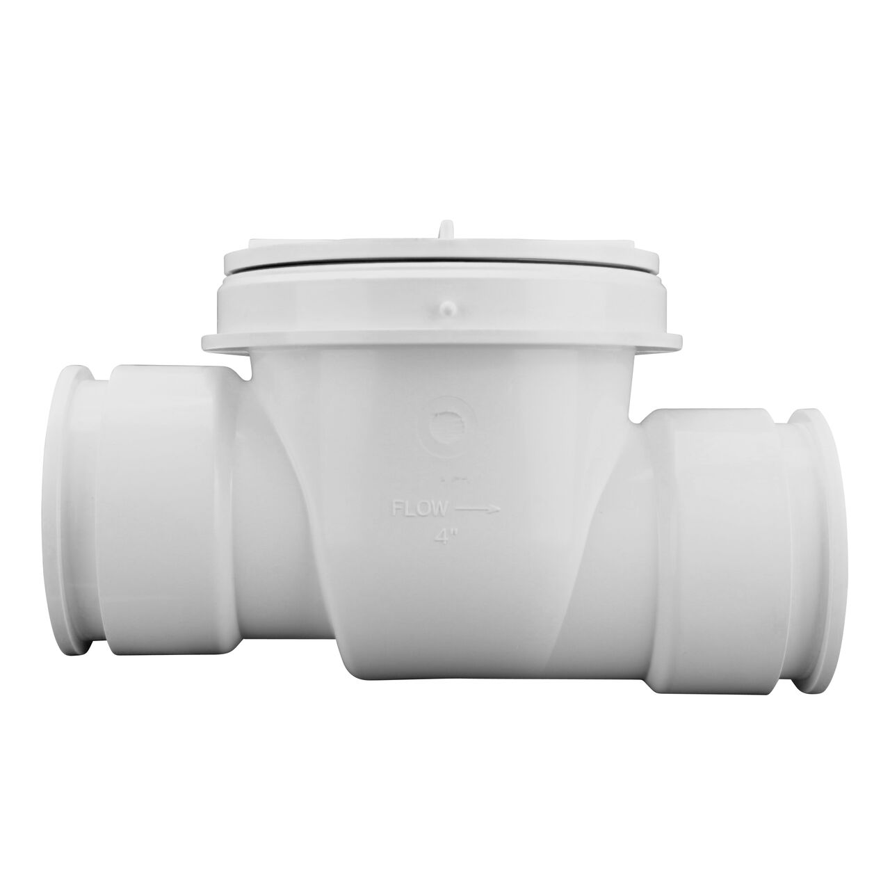Side view of the NDS 4 in. White PVC Backwater Valve with Adapter (NDS 475PS) showing both ends with adapter attached