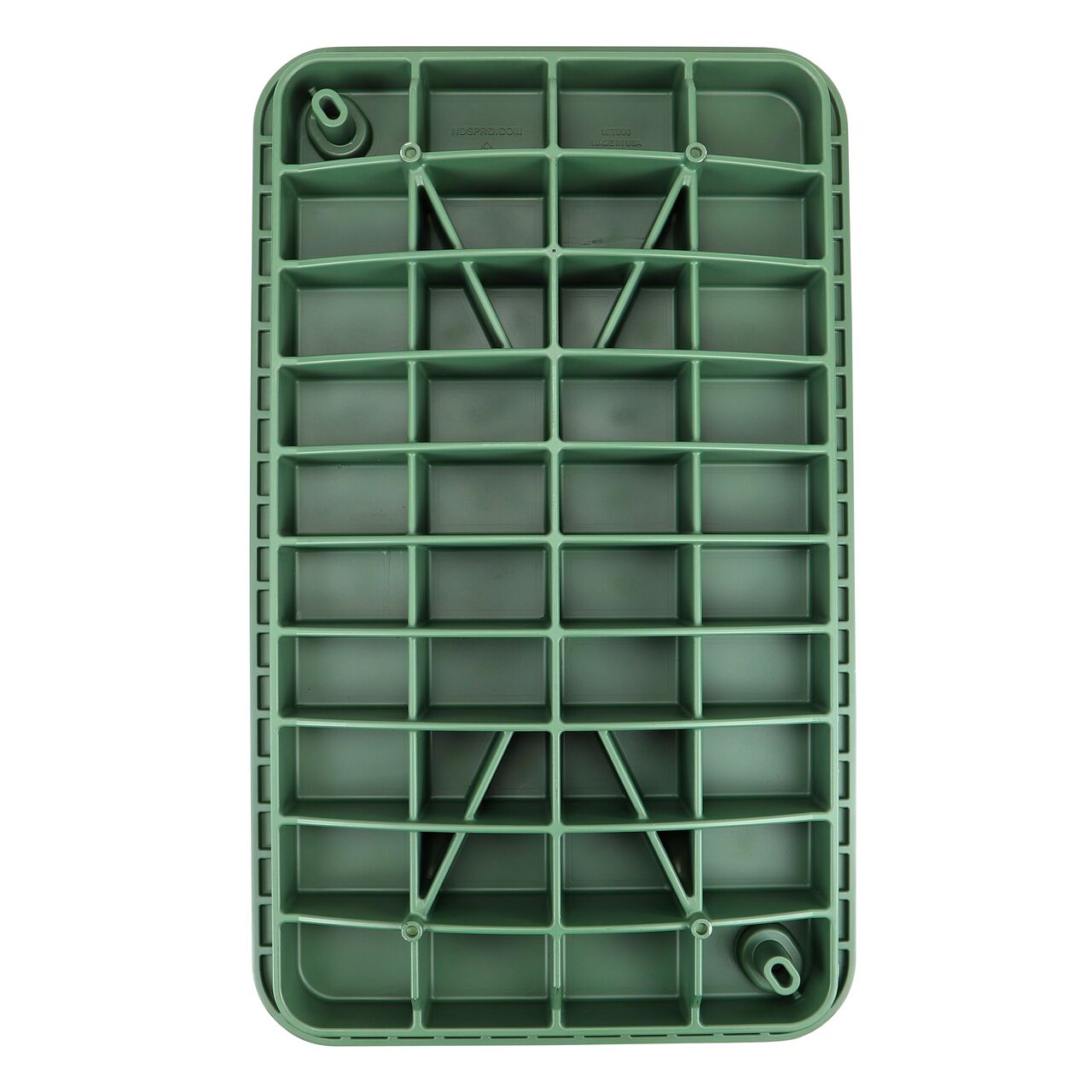 Top down view of the underside side of the drop-in Black Telecom cover (NDS 327BCBT) for the NDS 17 in. X 30 in. X 24 in. Rectangular Pro-Spec® Series Telecom Valve box, showing reinforcing ribs that are load rated to withstand pedestrian traffic and the rigors of lawn care equipment