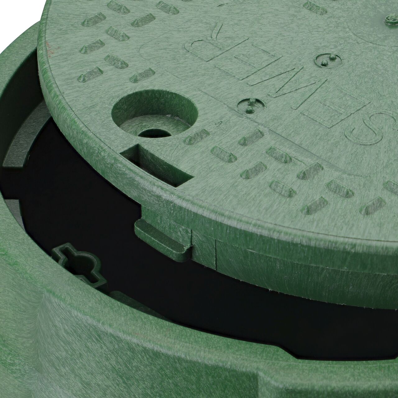 Align the bolt hole on the lid with the bolt hole from the NDS 10 in. Round Standard Series Green Box and Green Sewer Cover (NDS 112BCS) for a secure fit