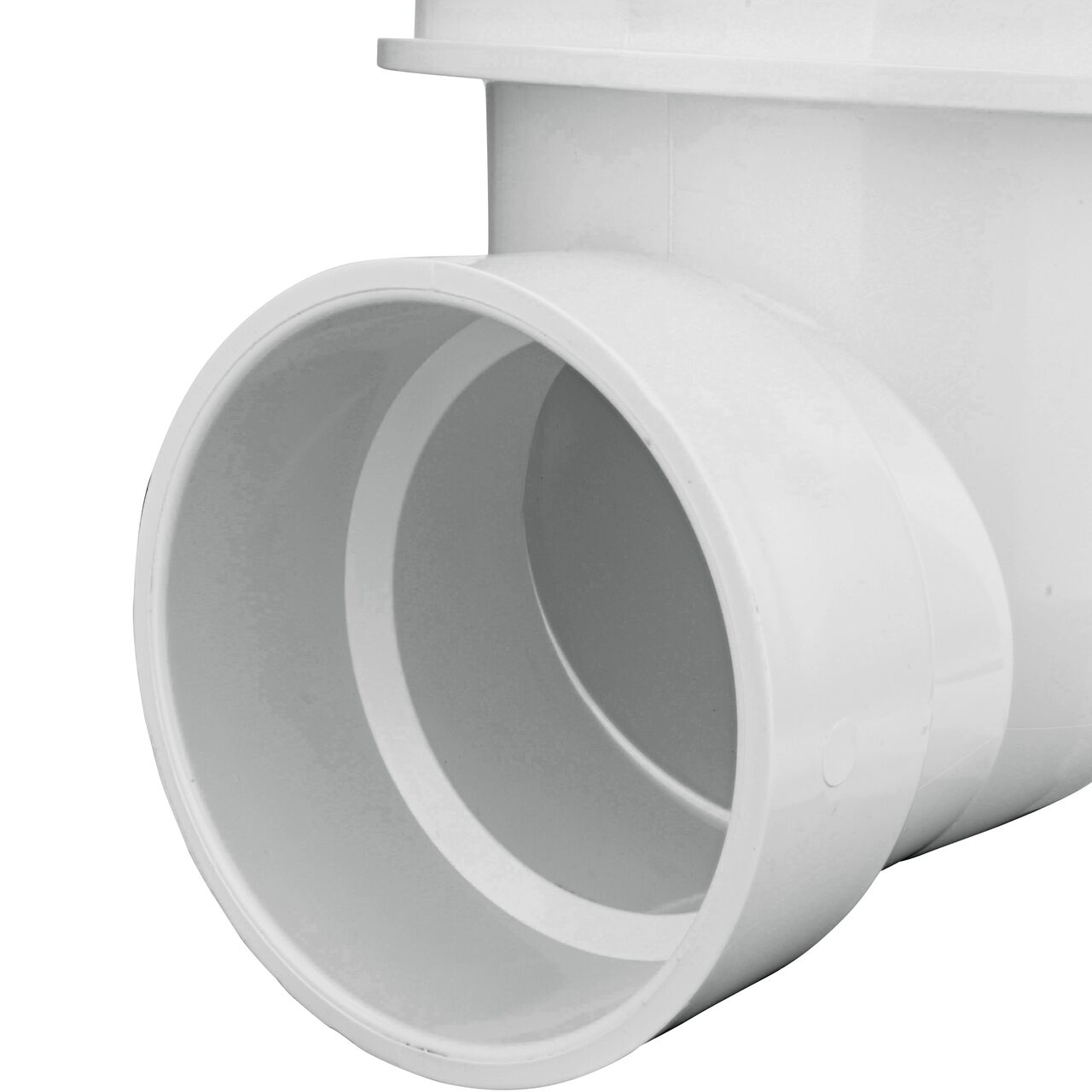 Closeup of the lower outlet end of the NDS White 4 in. PVC Backwater Valve (NDS 475P)