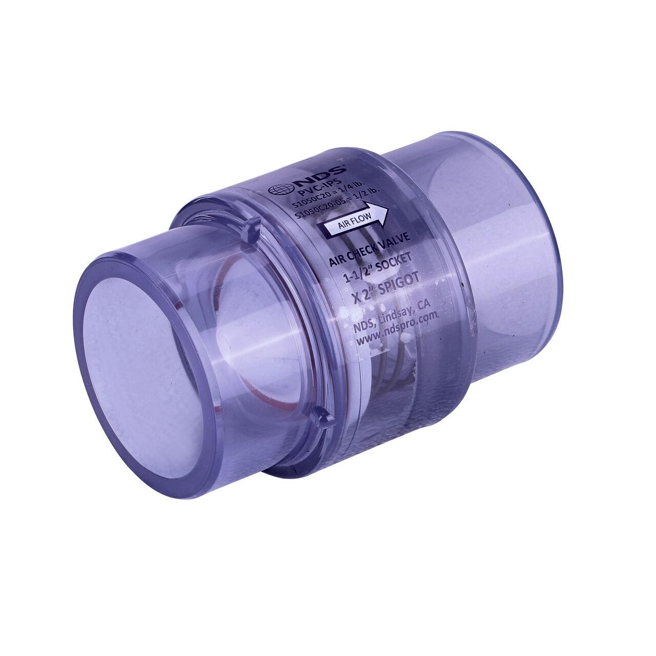 NDS Clear 1-1/2 in. IPS S x 2 in. Spigot PVC Air Check Valve (NDS S1050C20) conveys water flow one-way through pipe and prevents backflow