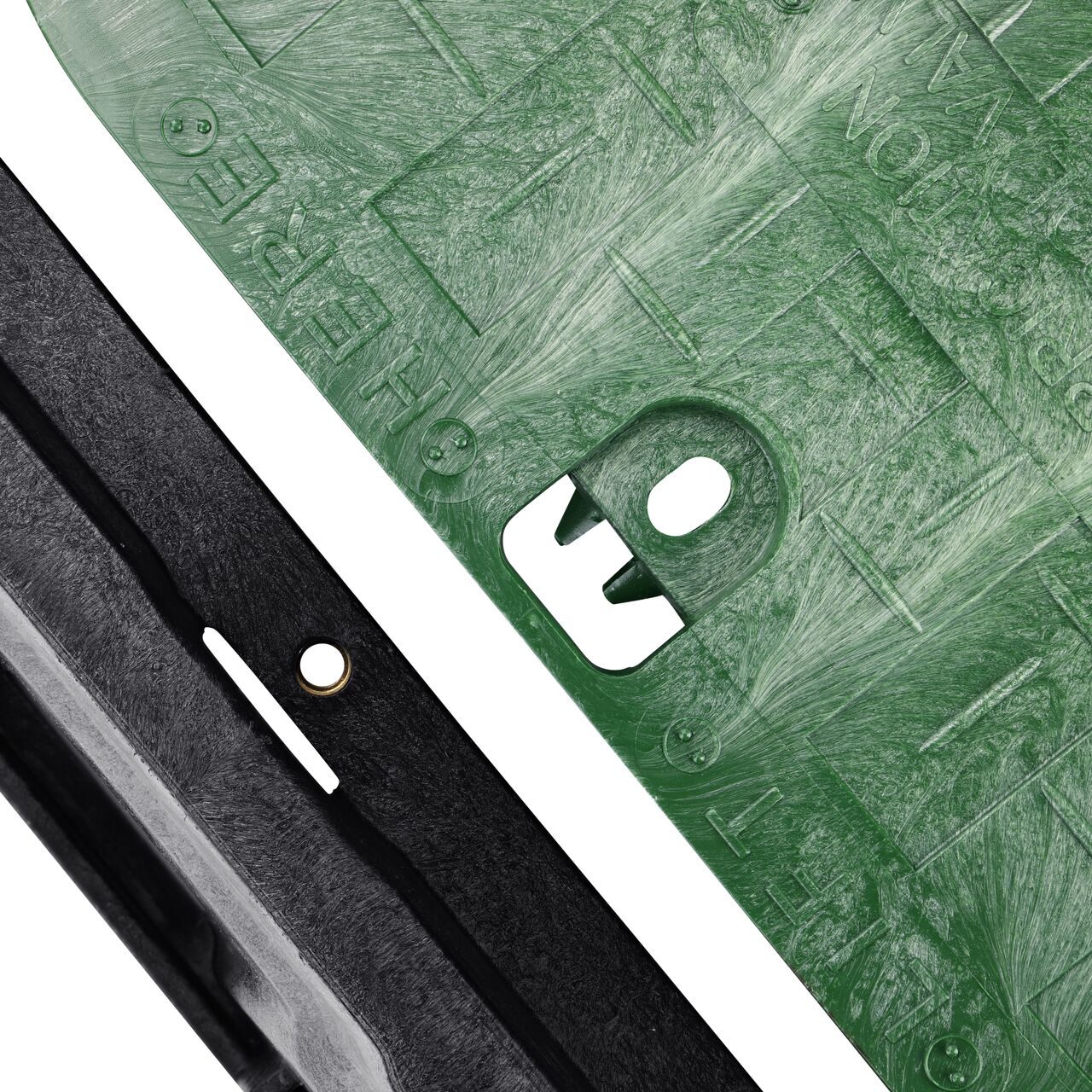 Align the bolt hole on the lid with the bolt hole from the NDS 13 in. X 20 in. Rectangular Pro-Spec® Series Jumbo Valve Box and Green Irrigation Control Valve Cover (NDS 317BCB) for a secure fit