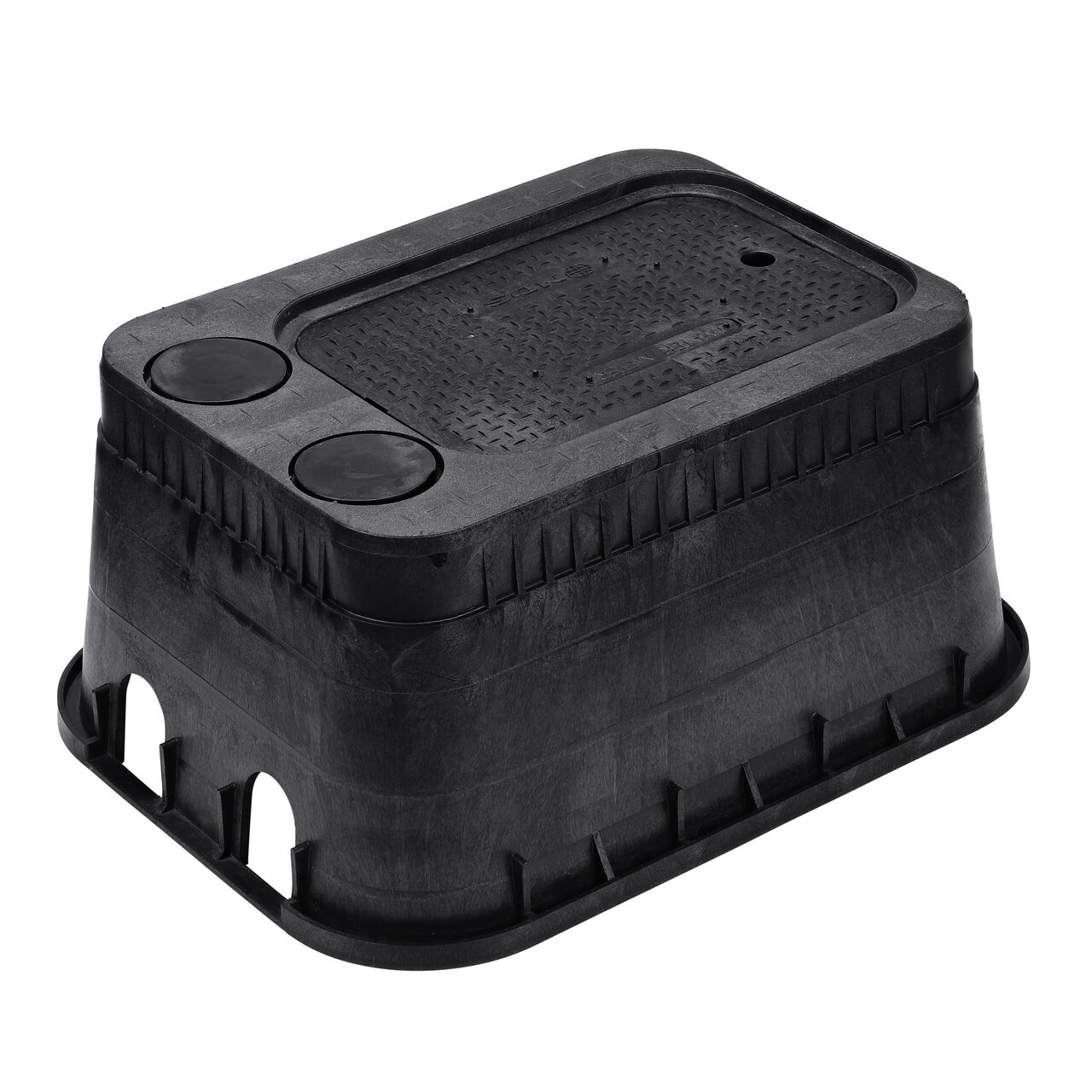The NDS black plastic 13 in. X 20 in. Rectangular Meter Box and AMR cover (NDS D15AMR2-DUOLSB) with dual pipe slots on one side and a drop-in AMR cover with two small discs that can be removed