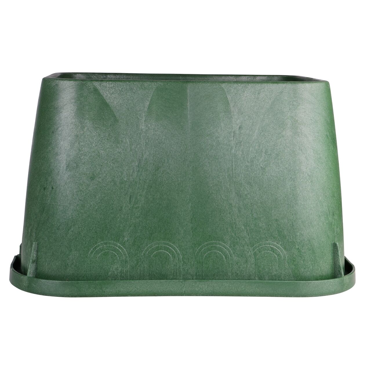 Side view of the non-pipe hole side on the NDS green plastic 14 X 19 in. Rectangular Standard Series Valve Box (NDS 114B) showing durability through the reinforced ribs and edging