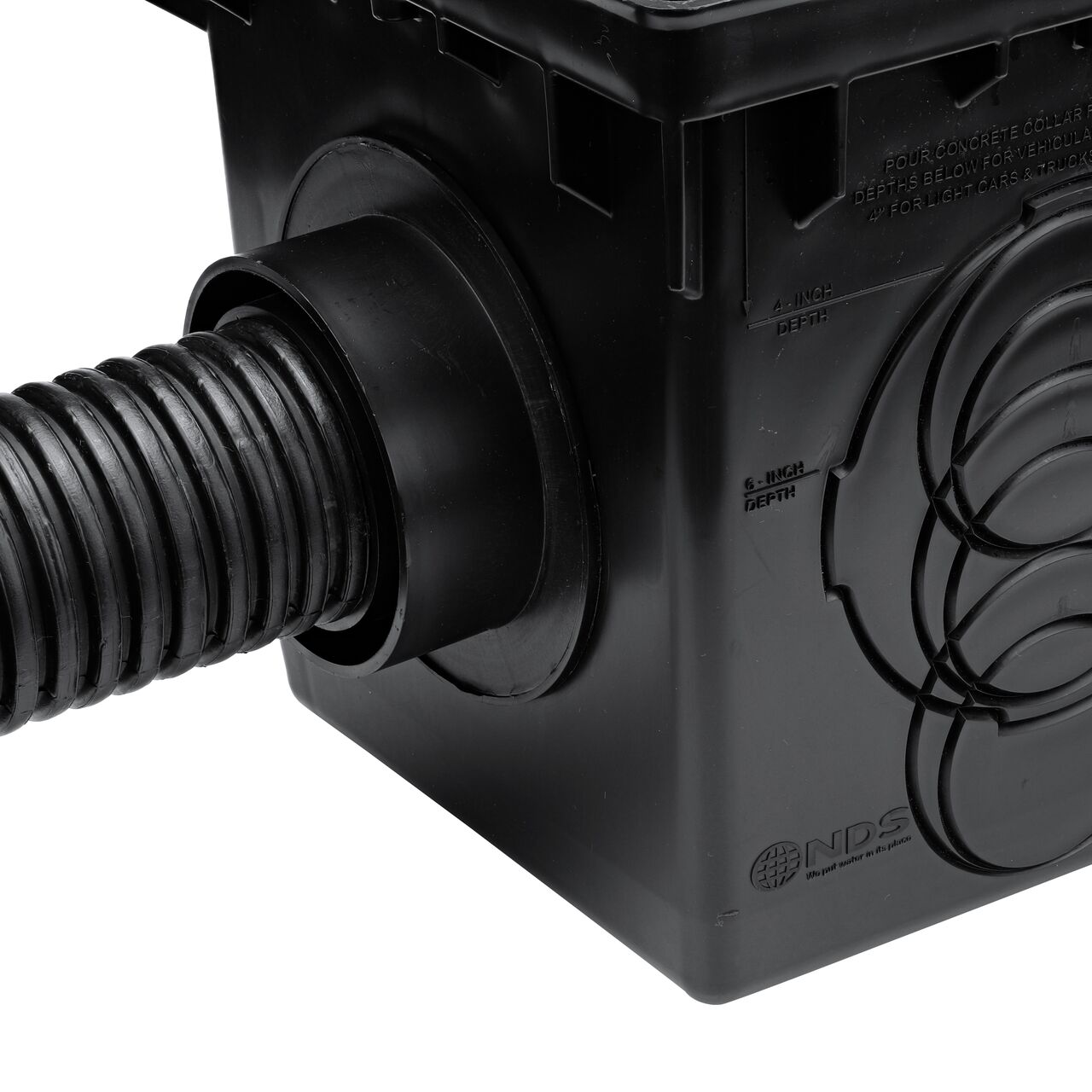 The NDS Internal Spigot Outlet Adapter (NDS 1242) on a 12 in. Catch Basin Drain (NDS 1200) connected to a 3 in. corrugated pipe