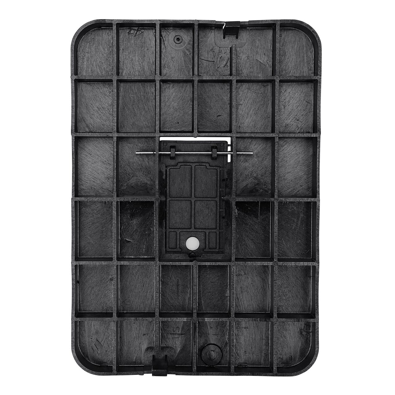 Top down view of the underside of the Black Water Meter cover (NDS D1500-DIRBL) for the NDS 13 in. X 20 in. Rectangular Standard Series meter box showing reinforcing ribs that help support pedestrian and lawn care equipment and hinged plastic reader door