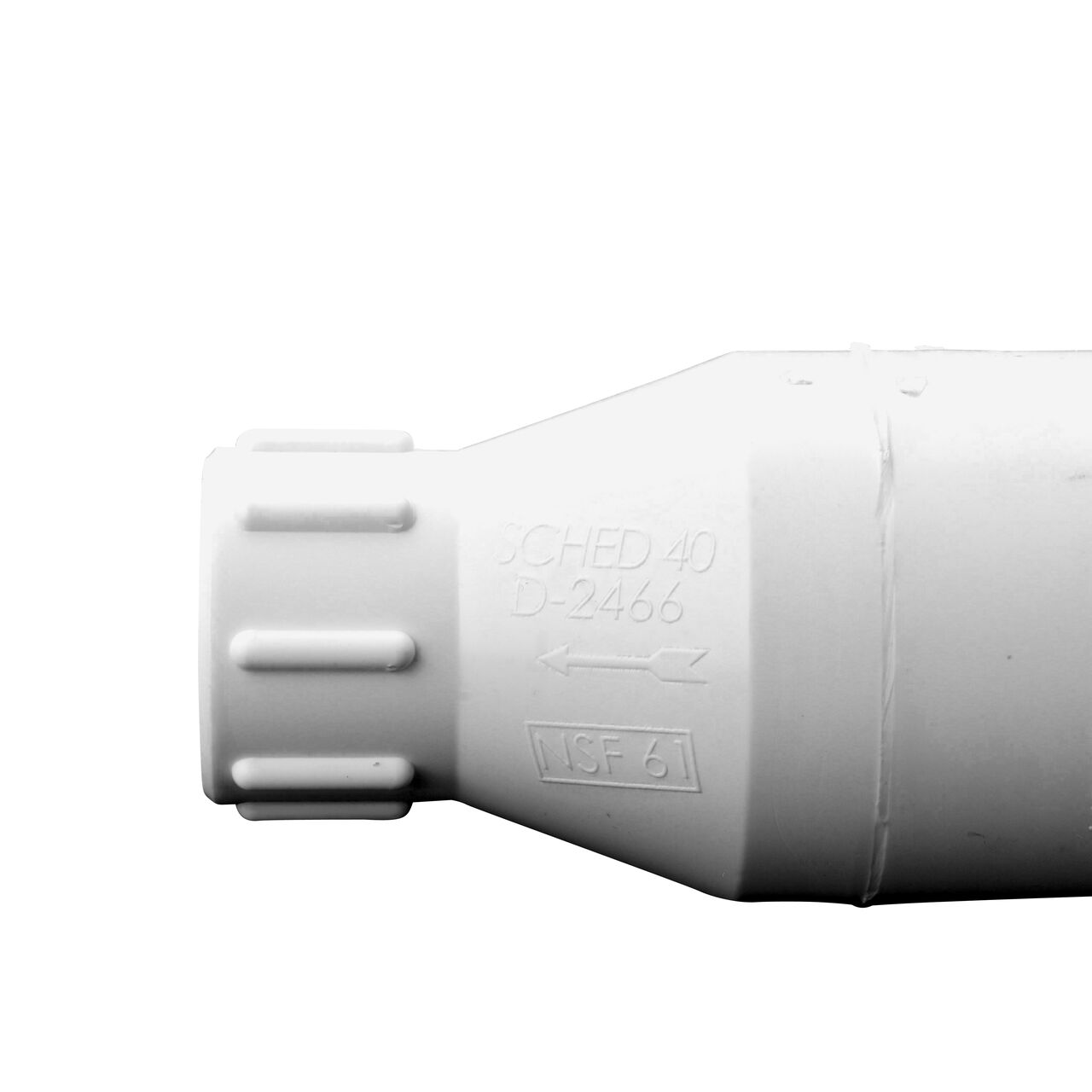 Closeup of the arrow showing water flow direction on the NDS 1/2 in. White PVC Spring Check Valve (NDS 1001-05, 1002-05)