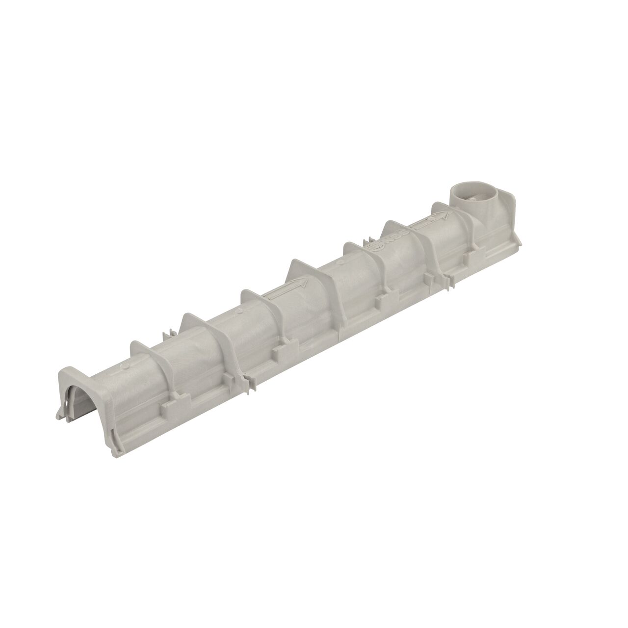 Bottom shot of the NDS 3.99 To 4.34 in. Deep Dura Slope Channel (NDS DS-091) shows bottom outlet