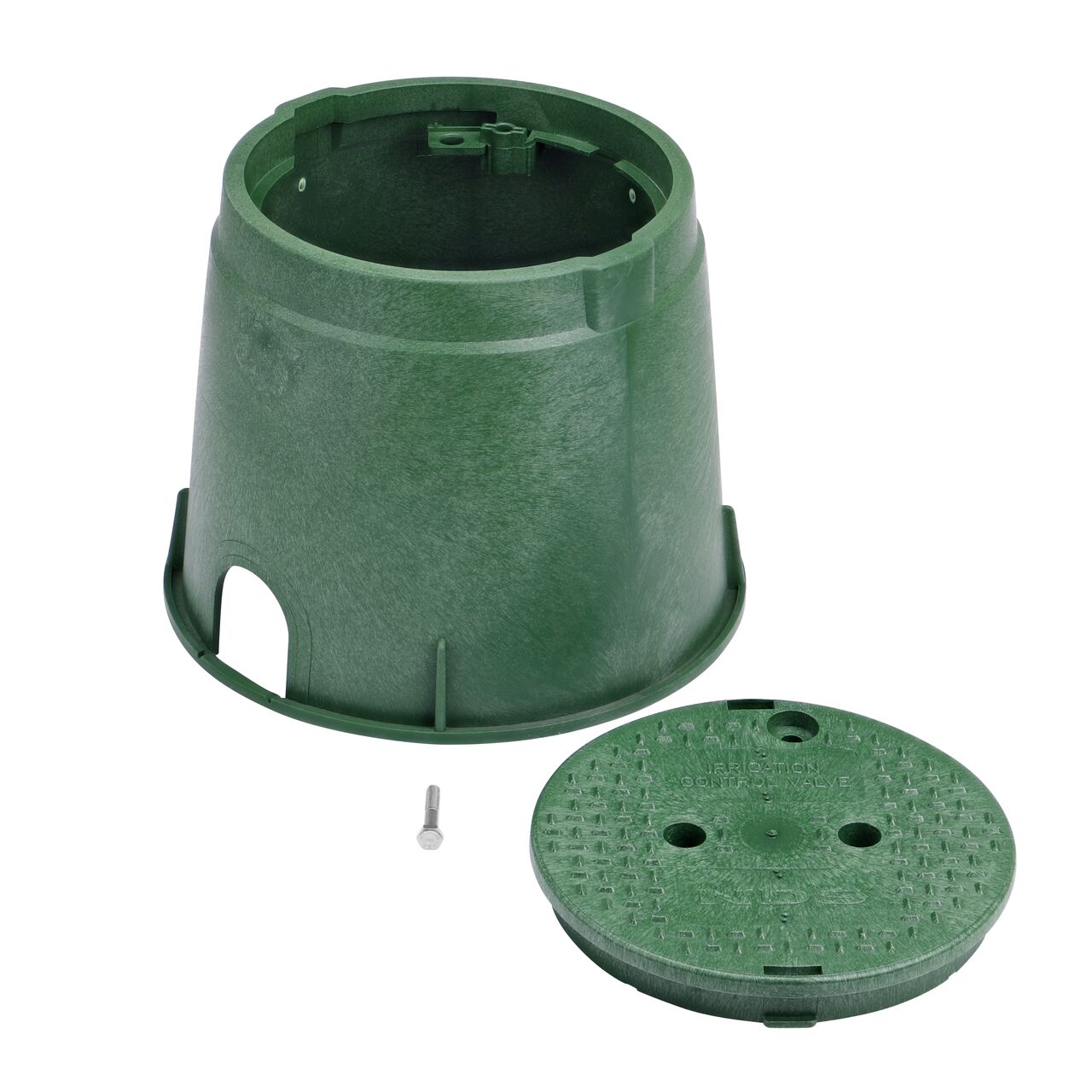 Unassembled View of the NDS 10 in. Round Standard Series Green Box and Green Irrigation Control Valve Cover with Bolt (NDS 112BCB) showing the overlapping cover with a bayonet twist-lock lid featuring two finger slots, making it easy to remove or secure onto the box