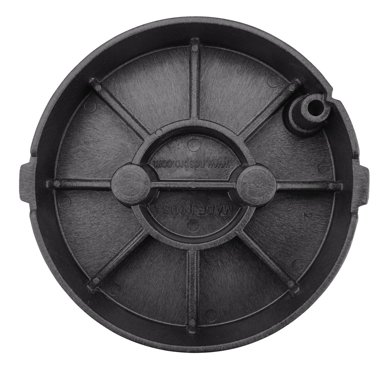 Top down view of the underside side of the Black Irrigation Control Valve cover for the NDS 10 in. Round Pro-Spec® Series (NDS 311BCBBLK) showing reinforcing ribs that are load rated to withstand pedestrian traffic and the rigors of lawn care equipment