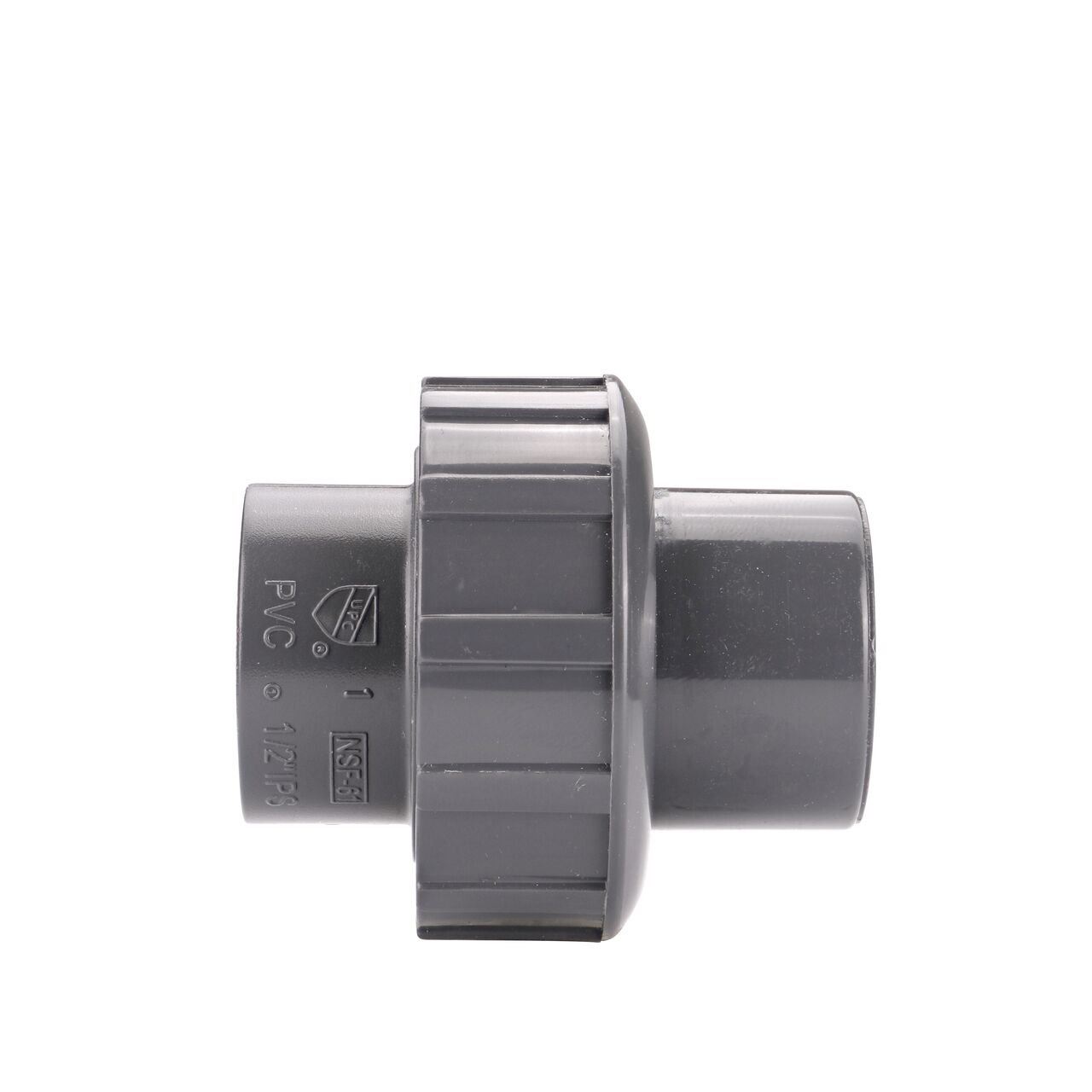 Side view of the NDS 1/2 in. PVC Union (NDS U-0500-S) shows both slip ends and a pull-apart feature to quickly disconnect from pipes