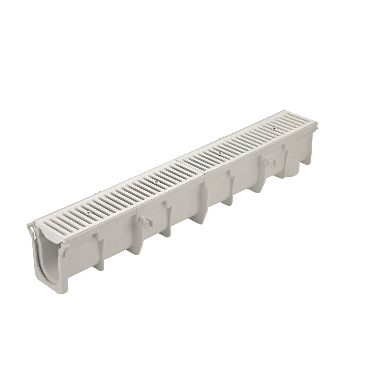The NDS 6.35 in. Deep Neutral Dura Slope Channel (NDS DS-097N) with the Standard Duraslope Light Gray Grate installed (NDS 661LG)