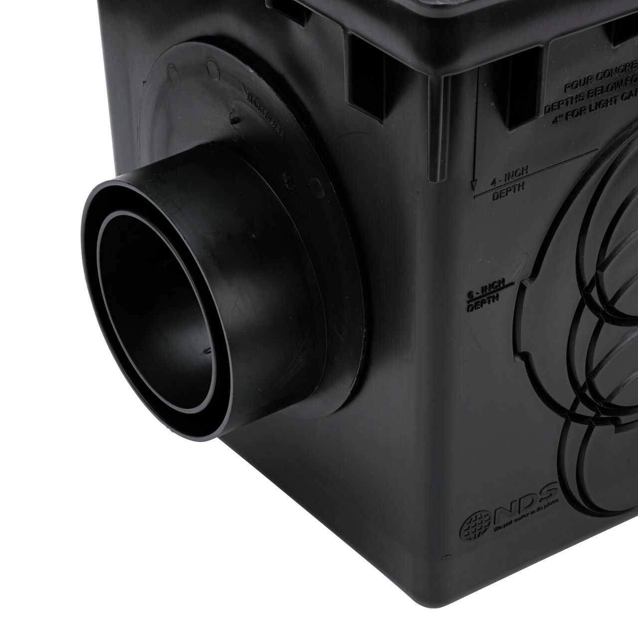 The NDS Offset Outlet Adapter (NDS 1245) installed on an NDS 12 in. Catch Basin Drain (NDS 1200) with the offset/outlet in the bottom position