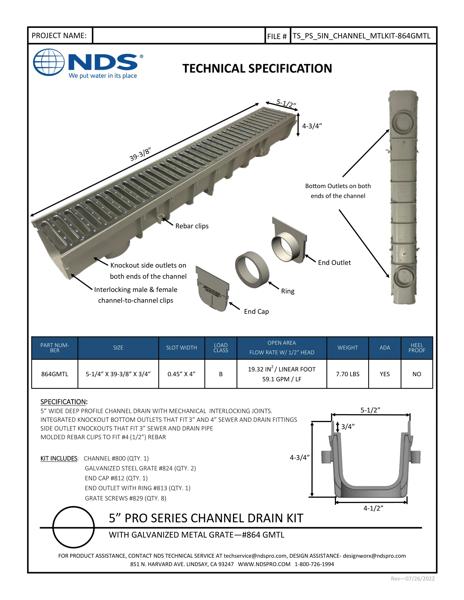 NDS 5 in. Pro Series™ Channel Drain Kit Deep Profile Galvanized Steel Grates Tech Spec