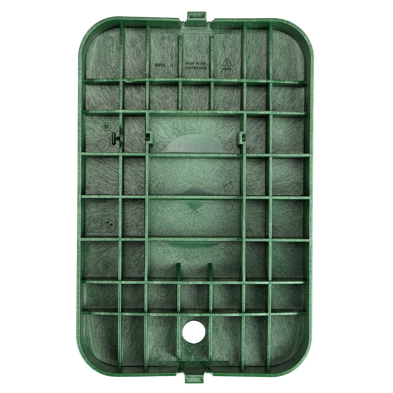 Top down view of the underside of the Green Sewer cover (NDS D1200-DISGSWRL) for the NDS 14 in. X 19 in. Rectangular Standard Series meter box showing reinforcing ribs that help support pedestrian and lawn care equipment