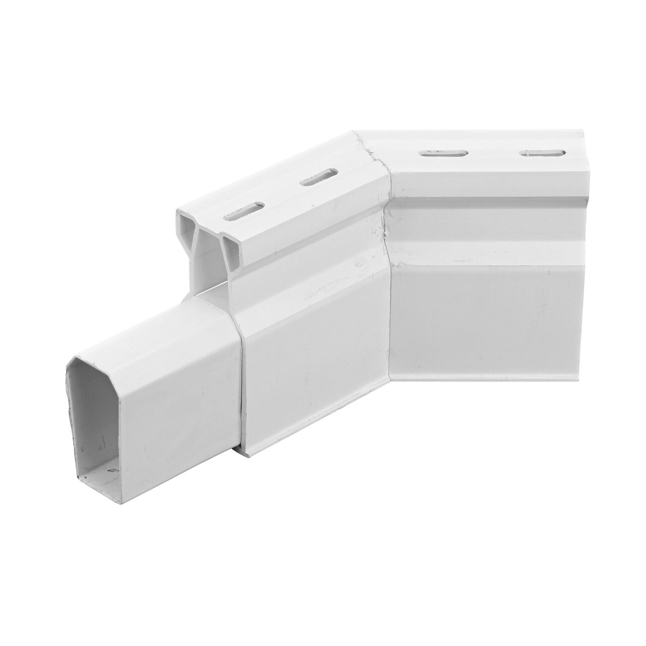 Installed White Micro Channel Drain 45 degree elbow and inegrated grate (NDS 8301) with coupler attached