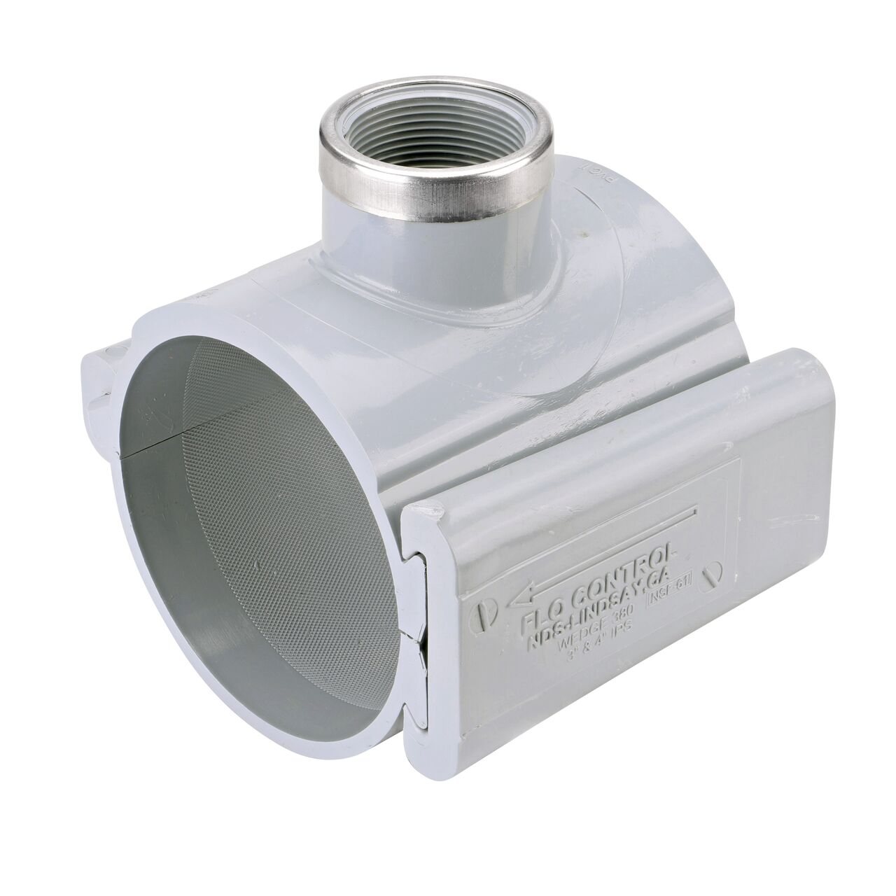 The NDS Clamp-It™ Rigid PVC Saddle with 1-1/2 in. FPT connection on top (NDS 444015) for 4 in. PVC pipe has a patented wedge design to install a sprinkler irrigation system to existing pipe without any bolts