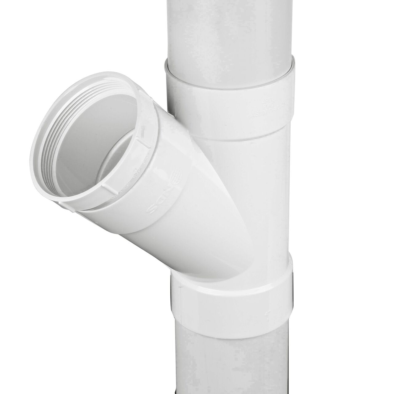 The NDS 4 in. PVC Sewer and Drain 45° Wye (NDS 4P08C*, NDS 4P08*, NDS 4P08) in vertical position with 4 in. S&D pipe attached to the top and bottom connection points and a PVC S&D Female Fitting Cleanout Adapter attached to middle hub