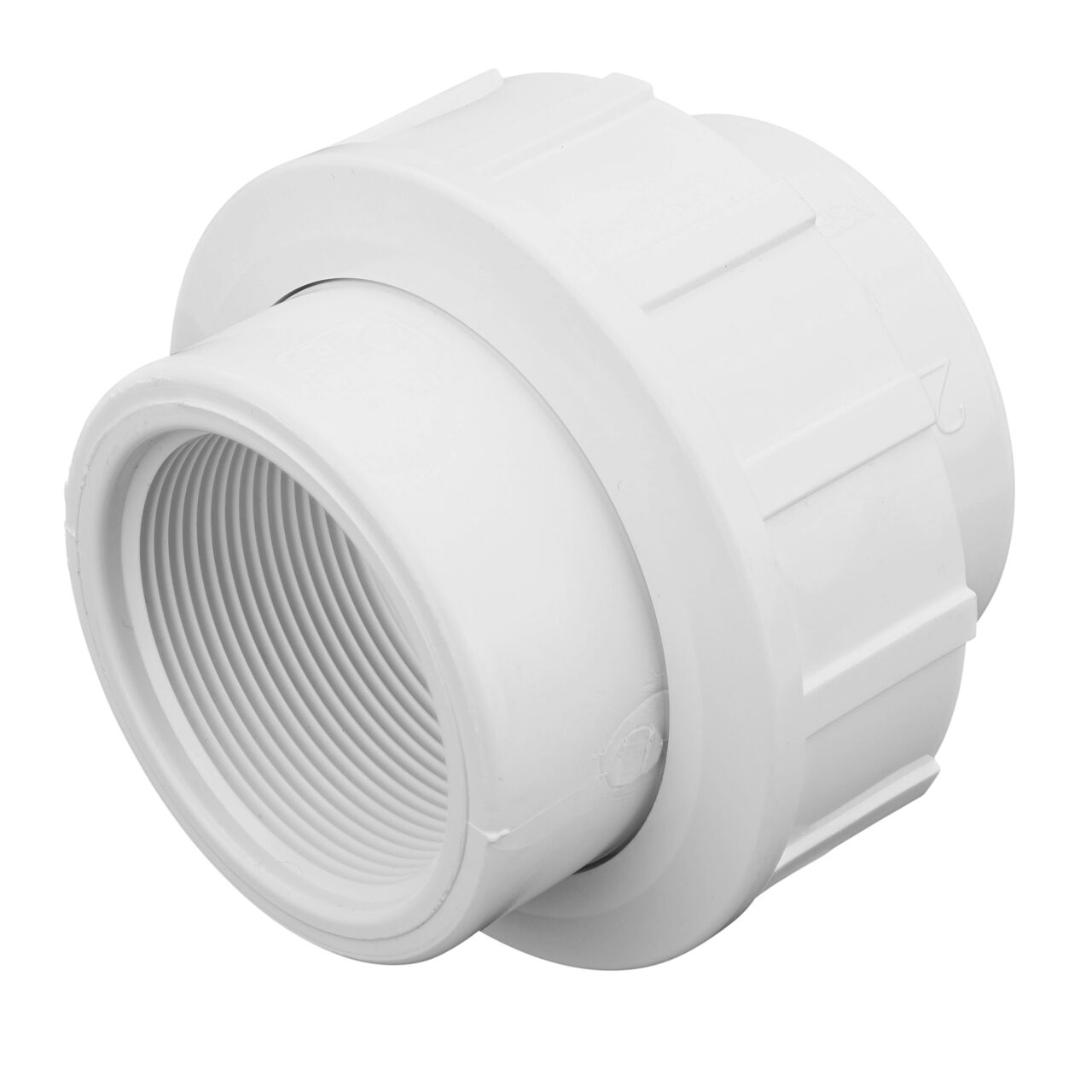 One end of the PVC Union, 2 in. Sch. 40 FPT X FPT which connects two 2 in. Sch. 40 pipes together to allow water to flow through while preventing leaks (NDS WU-2000-T)