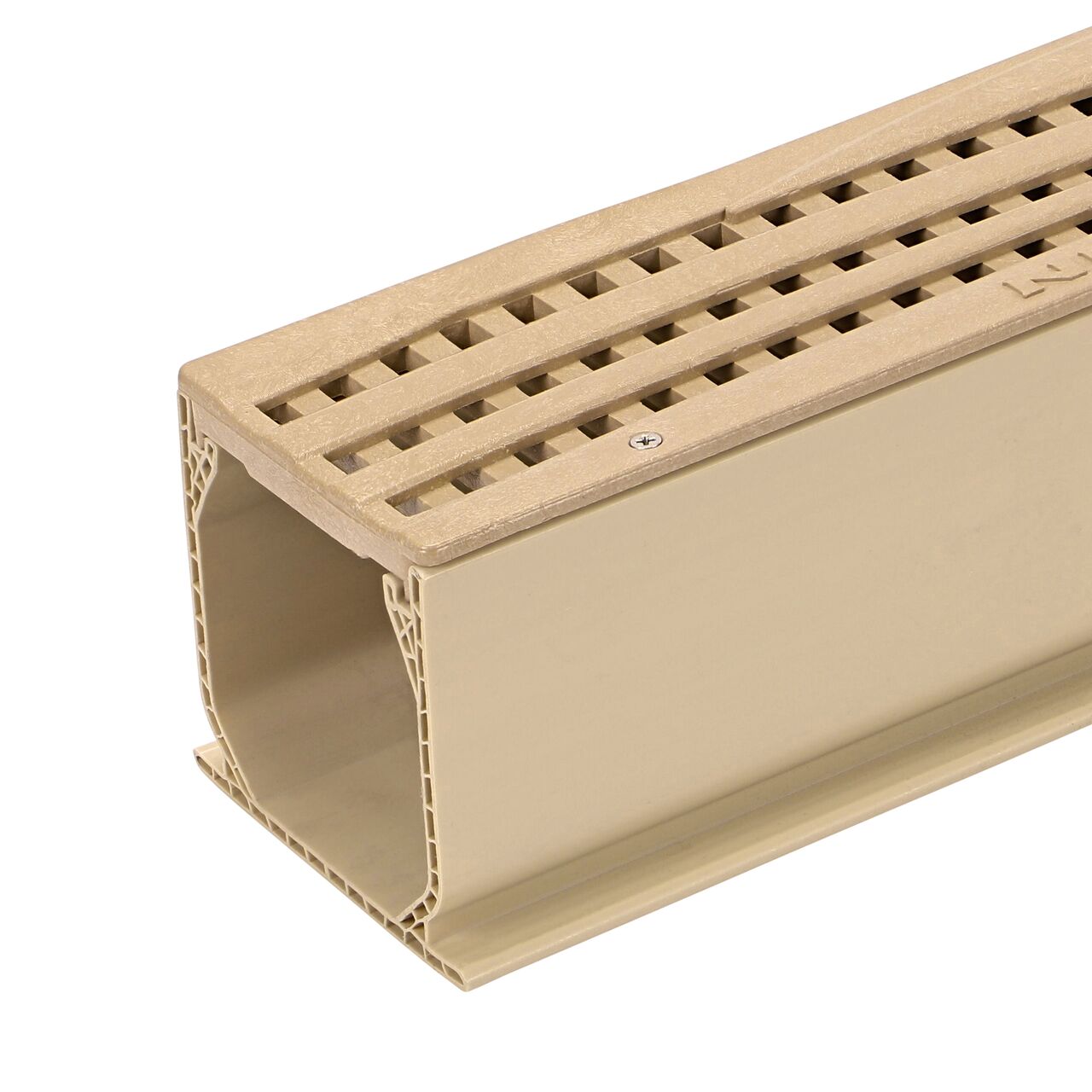 Closeup of the screw fastened to the NDS Polished Bras 3-1/16 in. wide X 6 ft. long Mini Channel™ Drain (NDS 500S) with wave grate (NDS 555S)
