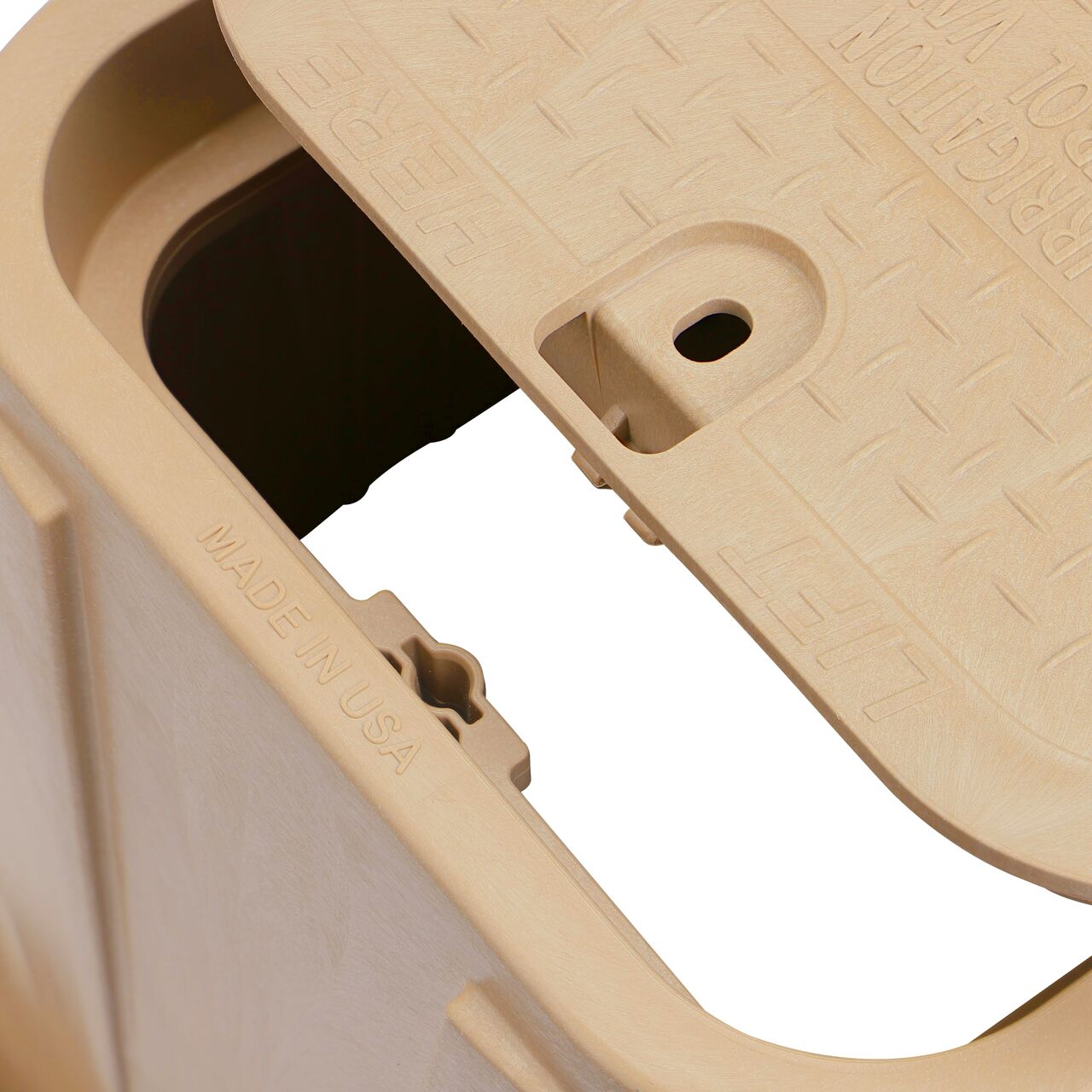Align the bolt hole on the lid with the bolt hole from the NDS 14 in. X 19 in. Rectangular Pro-Spec® Series Sand Box and Sand Irrigation Control Valve Cover (NDS 314BCBSAND) for a secure fit