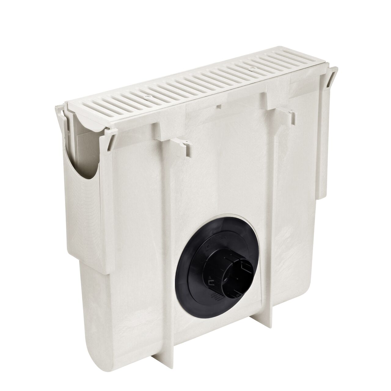 NDS Dura Slope InLine Catch Basin (NDS DS-340) with Dura Slope Channel Drain Grate (NDS 661LG) fits the NDS Locking Outlet Adapter (NDS 1243) which connects to 3 in. and 4 in. Drain Pipes
