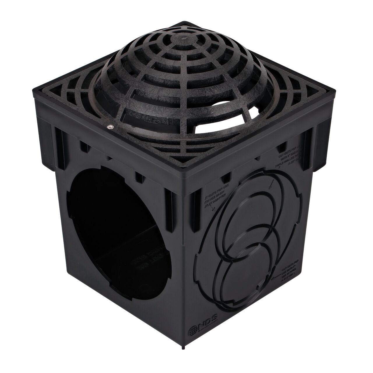 NDS Black Plastic  9 in. Square Catch Basin Drain Grate (NDS 981) installed on a NDS 9 in. Catch Basin Drain (NDS 900)