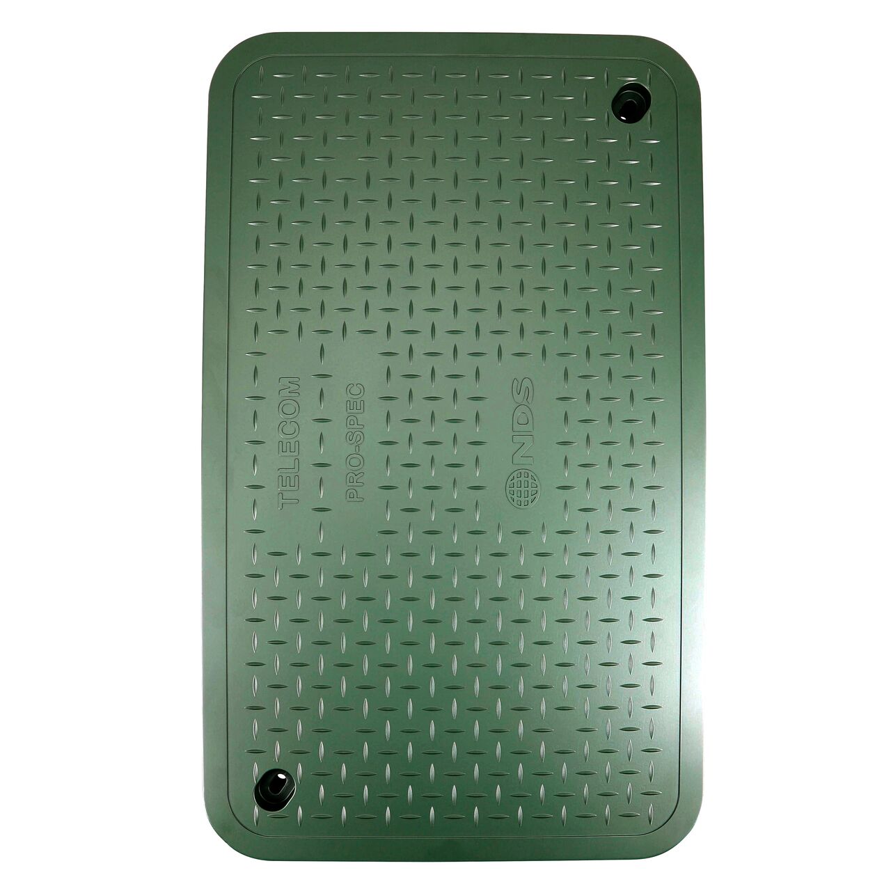 Top down view of the top side of the green telecom cover for the NDS 17 in. X 30 in. X 24 in. Rectangular Pro-Spec Series Telecom Box and Cover set (NDS 326BCBT) showing markings, two bolt holes, and one finger indentation to help lift and remove lid