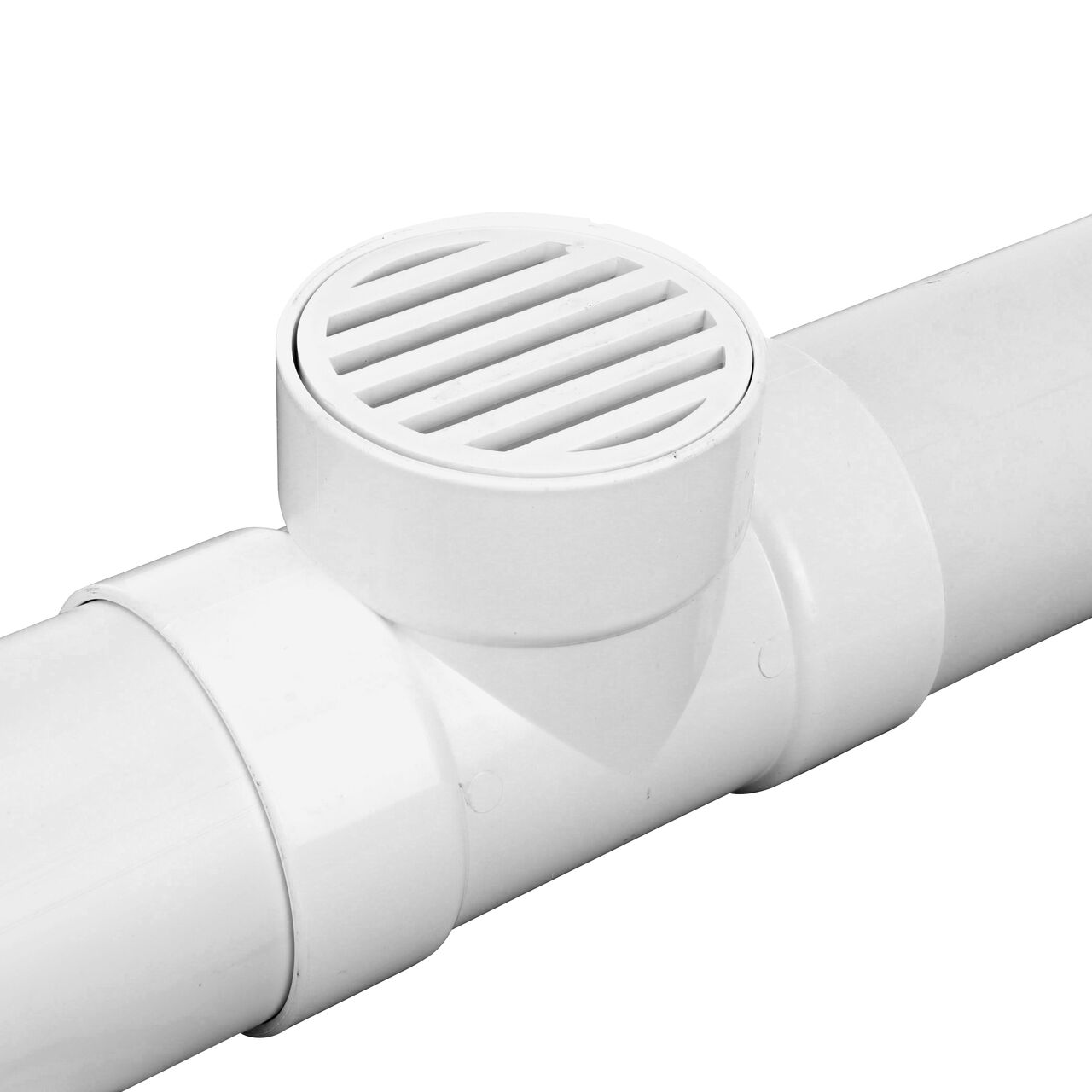 Alternate view of 4 in. S&D pipe attached to two ends of the NDS 4 in. PVC Sewer and Drain Tee (NDS 4P01*, NDS 4P01) with a grate attached to the middle opening (NDS 9P12)