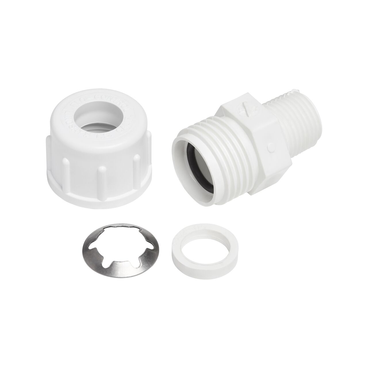 The NDS 1/2 in. CTS MPT Flo-Lock™ Gripper Adapter fully unassembled showing the steel gripper and the pipe securing ring (NDS 235-05), with the EPDM O-ring showing inside the adapter.
