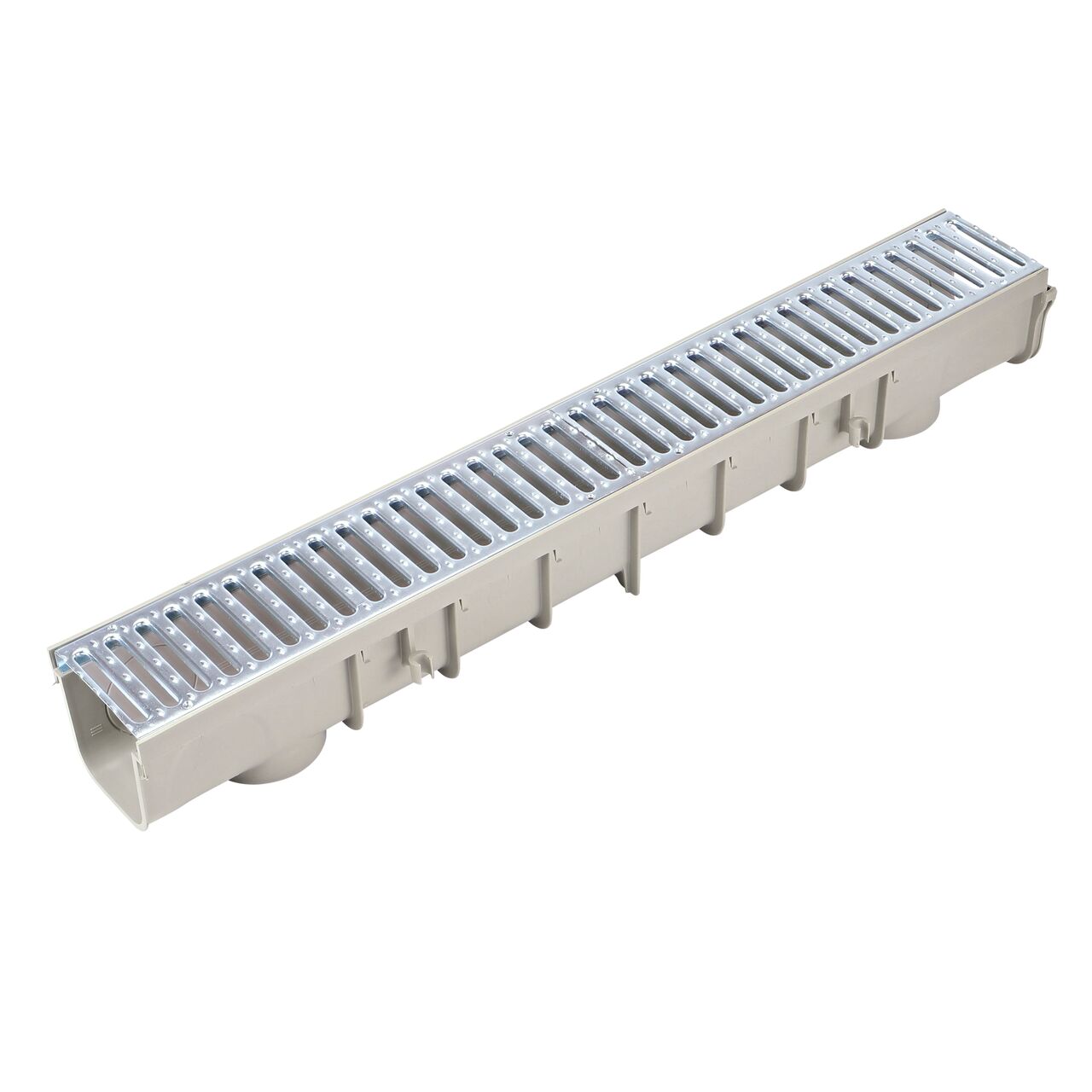 The male end side facing front on the NDS 5 in. Pro Series Channel Drain Kit with steel grates fully assembled with Channel Drain, 2 Galvanized Steel Grates, End Cap/Outlet, and End Cap (NDS 864GMTL)
