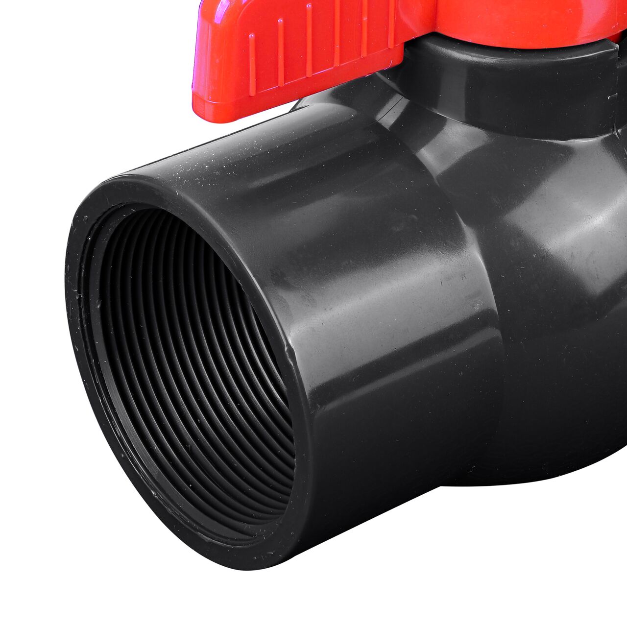 Closeup of the NDS IPS Ball Valve showing the stem that is made of durable PVC material (NDS E1620-20)