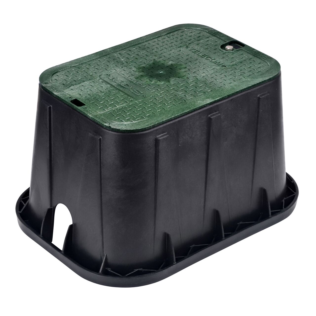 The NDS 14 in. X 19 in. Rectangular Pro-Spec Series Valve Box and Bolt-down Cover is a Black Box and Green Cover with telecom markings on the lid; protects and conceals components and includes one bolt to secure cover to box (NDS 313BCBT)