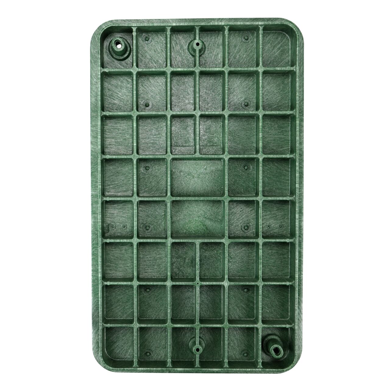 Top down view of the underside of the green telecom cover for the NDS 17 in. X 30 in. Rectangular Pro-Spec Series (NDS 326BCBT-BG) showing reinforcing ribs that help support pedestrian and lawn care equipment