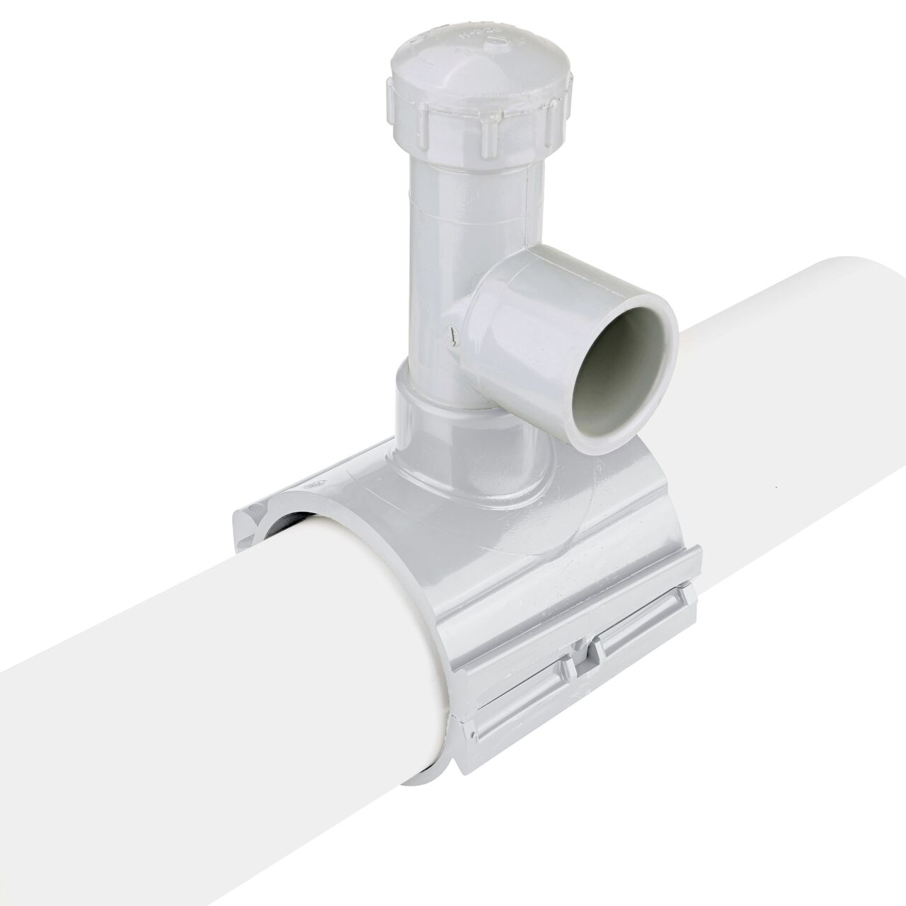 Alternate angle of the 4 in. NDS Flo-Tap™ Rigid PVC saddle with 1-1/2 in. socket or 2 in. spigot connection on top (NDS 3240) which is made of corrosion-proof material and no bolts, washers, or nuts needed to install which means no rust