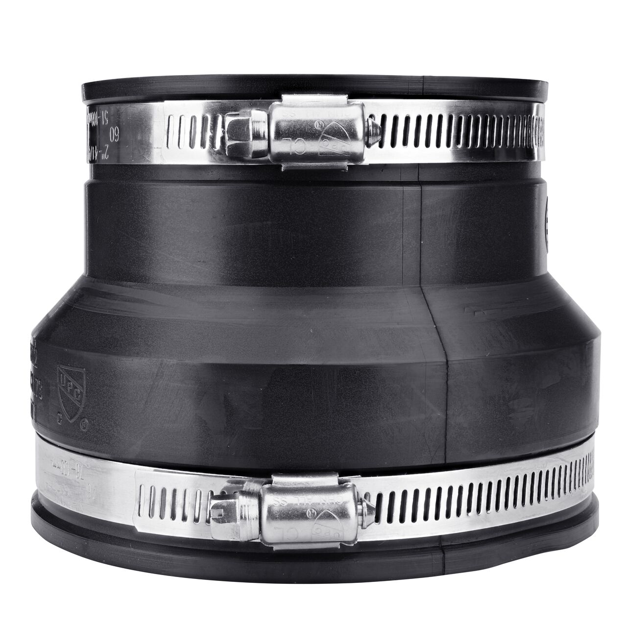 The NDS 4 in. X 3 in. flex coupling, in vertical position, connects two cast iron/sewer and drain or DWV/copper/steel/lead pipes and provides leak-resistant seals with virtually any pipe (NDS 56-43)