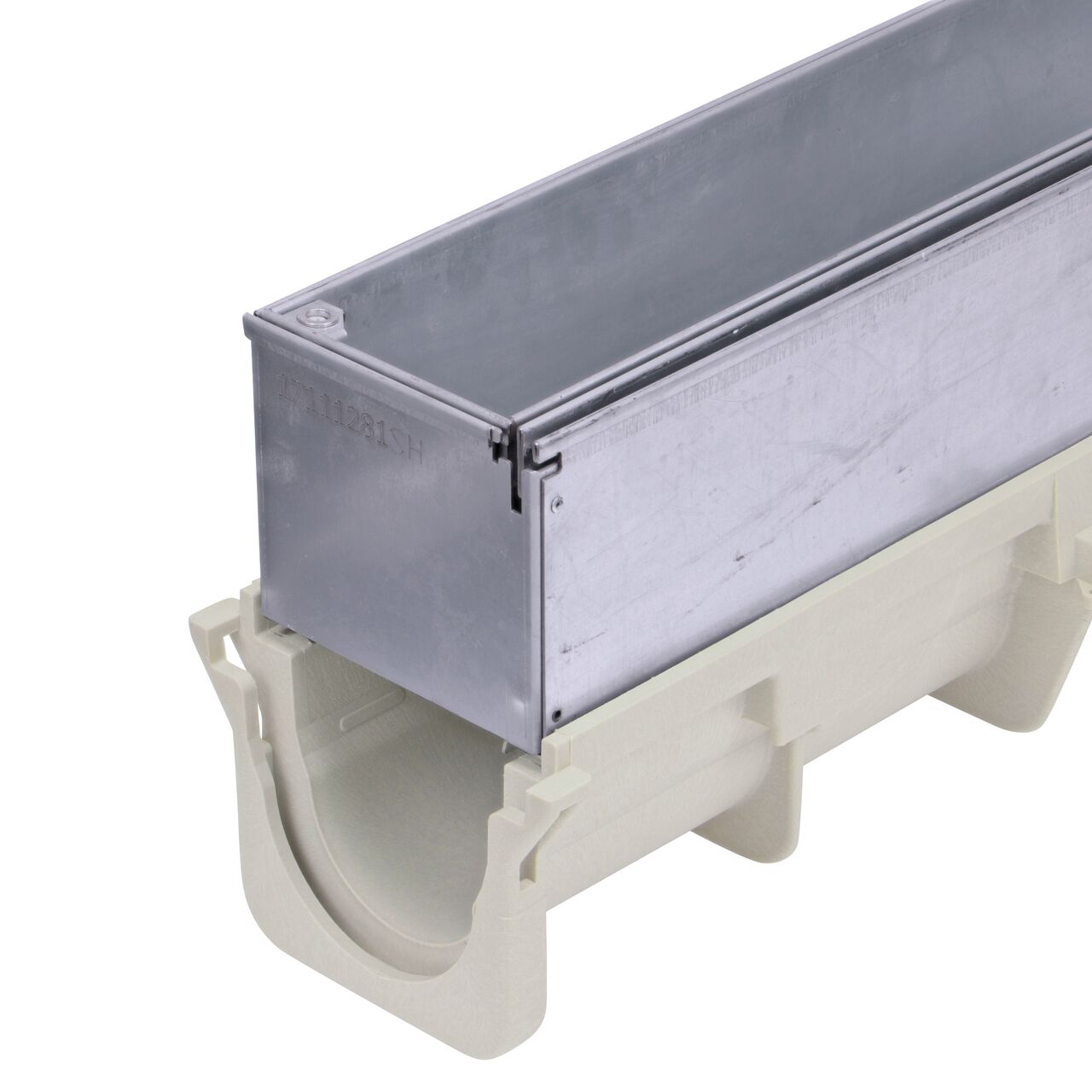 Closeup view of the NDS Dura Slope Channel Drain Slot Top Maintenance Unit (DS-SS-STMAINT) installed on a Dura Slope Channel Drain (NDS DS-091)