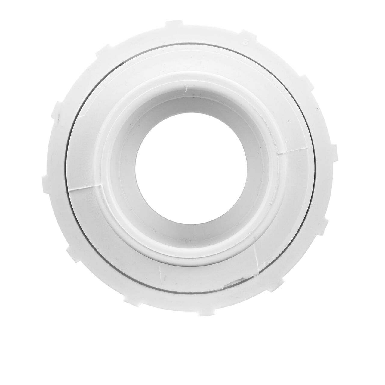 The inside of the PVC Union, 1-1/2 in. Sch. 40 S X S which allows water to flow through while preventing leaks and made of durable PVC plastic (NDS WU-1500-S)
