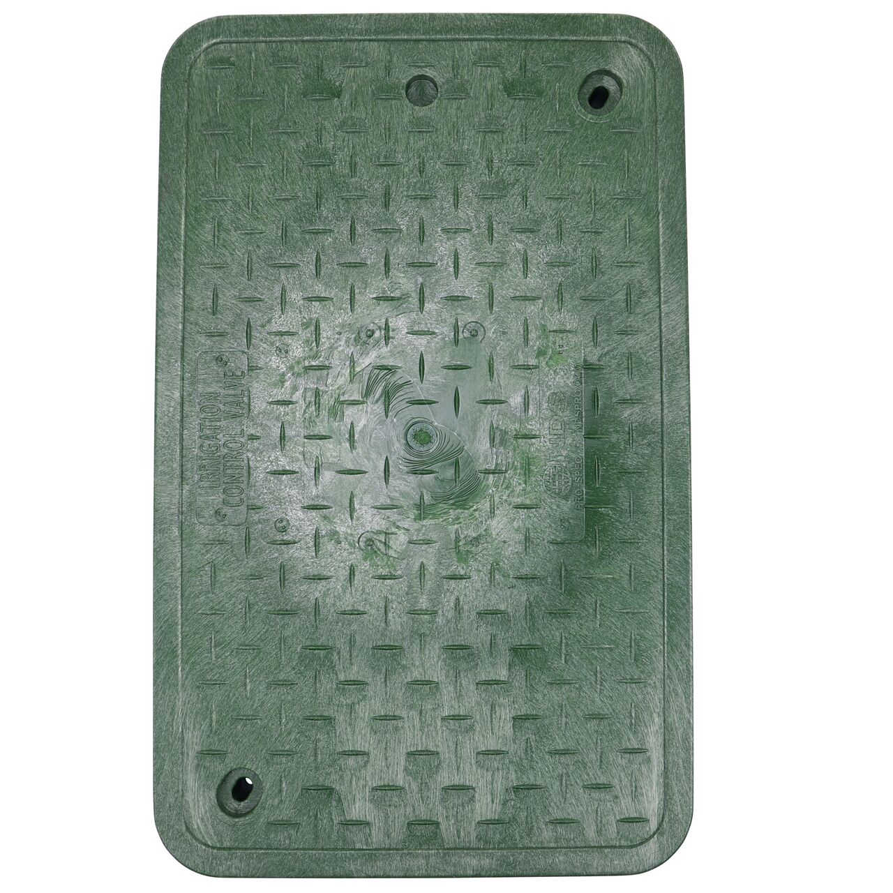 Top down view of the top side of the Green Irrigation Control Valve cover for the NDS 13 in. x 24 in. Rectangular Pro-Spec® Series Valve Box (NDS 321BCB) showing the Green Irrigation Control Valve markings