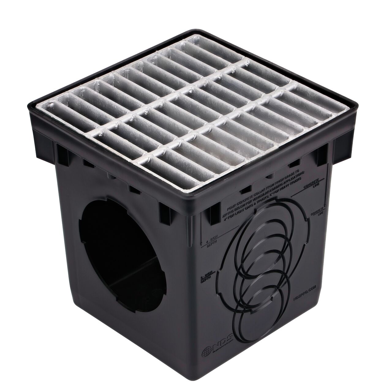 12 in. Galvanized Steel Grate (NDS 1215) installed on a black plastic 12 in. Catch Basin Drain with 2 Openings (NDS 1200)