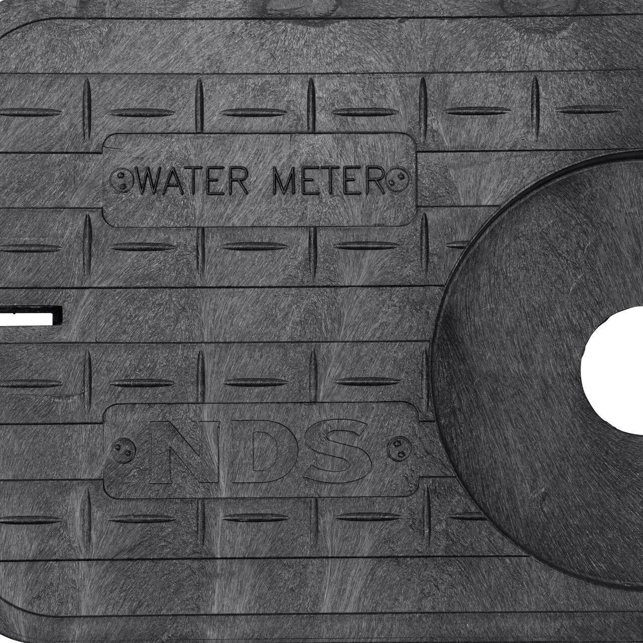 Closeup view of the Water Meter markings and the 7 in. recess for the 2 in. Touch Reader on the NDS Black Drop-in AMR locking Water Meter Cover (NDS D12-TAMRL)