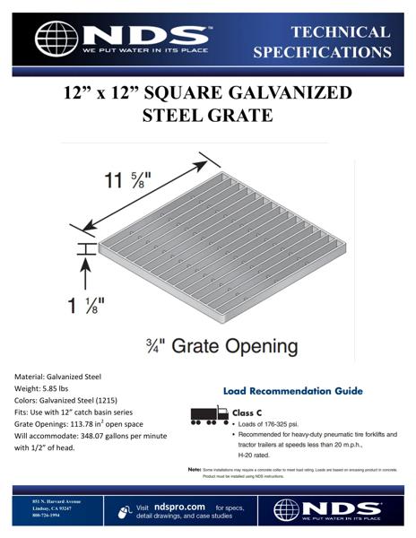 NDS 12 in. Square Catch Basin Drain Grate Galvanized Steel Tech Spec