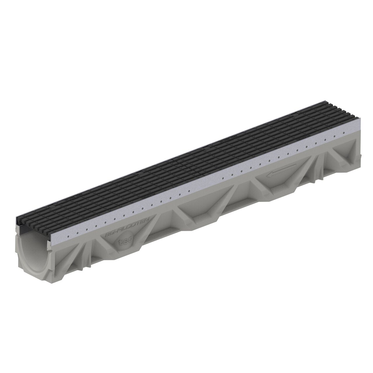 Two class C bar design ductile iron BG-FILCOTEN® 100 Trench Drain Grate (NDS 17010106) installed on one BG-FILCOTEN® 100 Trench Channel Drain with female end showing