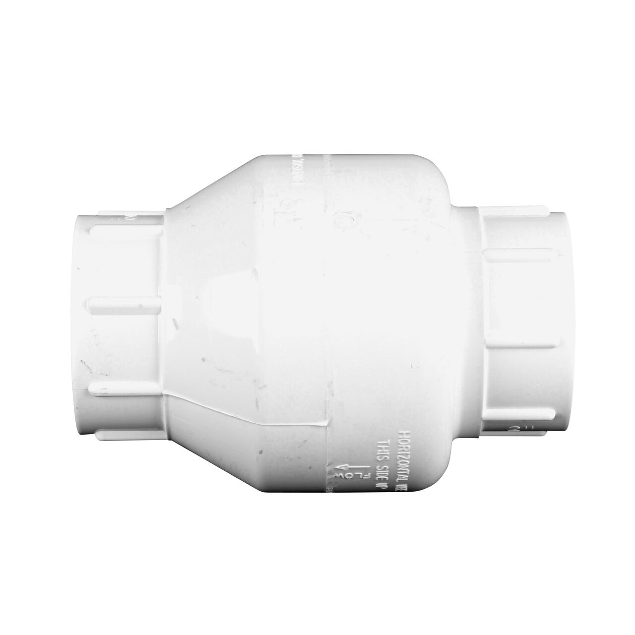 Side to side view of the NDS White 2 in. female end by female end PVC Swing Check Valve (NDS 1520-20F) which prevents backflow in pipelines