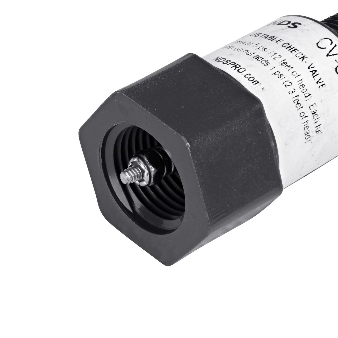 Closeup of the FPT needle point spring of the NDS Gray 1/2 in. IPS FPT X MPT PVC Adjustable Inline Spring Check Valve (NDS CV-0500-FM)