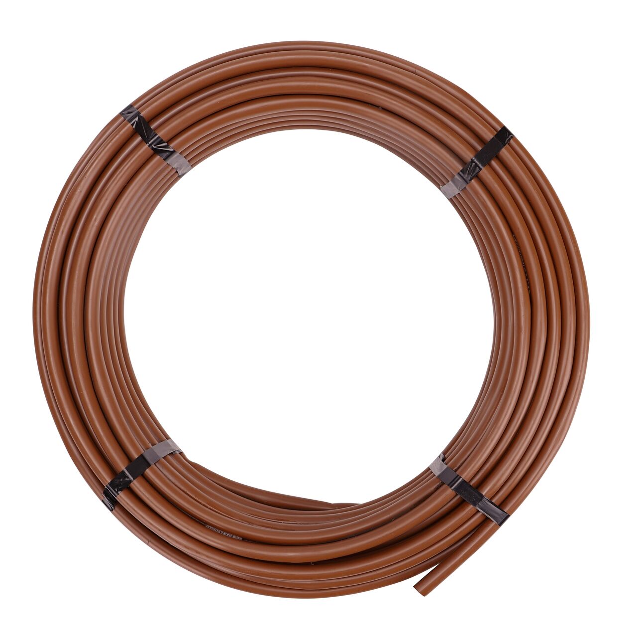Side view of the 100 foot brown NDS 16mm Dura Flo™ Dripline with 1.0 GPH Pressure Compensating Emitters spaced 12 in. apart shown coiled and secured with tape