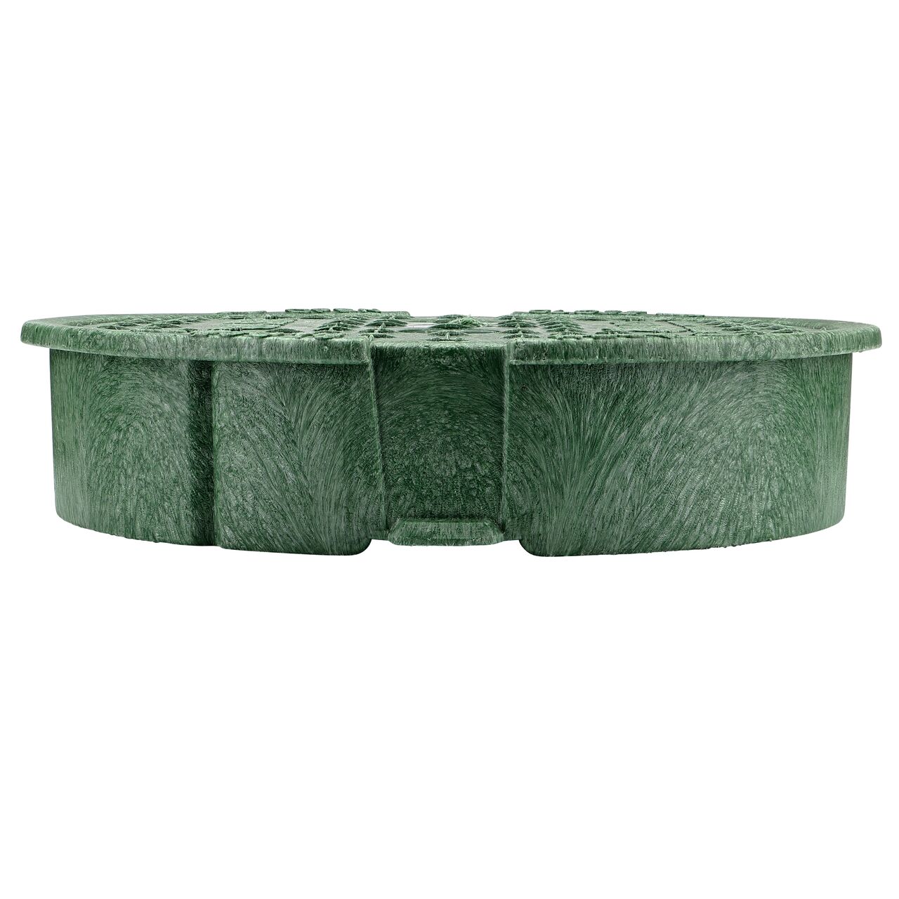 The NDS 10 in. Round Pro-Spec® Series Green Water Valve Box Cover (NDS 311CW) is an overlapping lid shown here from the side, that prevents dirt and debris from entering the valve box