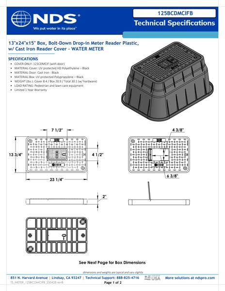 NDS 13 in. X 24 in. Rectangular Meter Box and Drop-in Cover, 15 in. Height, Black Box, Black Water Meter Cover with Cast Iron Reader, Includes Bolt Tech Spec