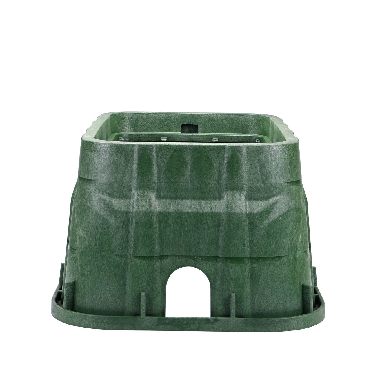 Side view of the pipe hole side on the NDS Green plastic 13 in. X 20 in. Rectangular Pro-Spec® Series Valve Box (NDS 318B) showing both pipe holes available to connect valves to your irrigation system