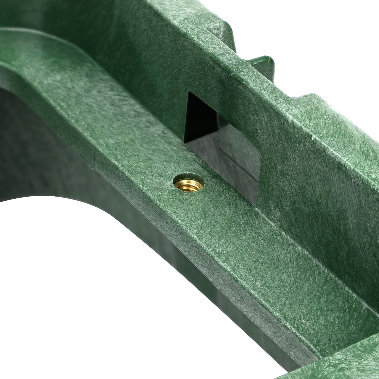 Closeup view of the bolt hole on the Green NDS 14 in. X 19 in. Rectangular Standard Series Valve Box Extension (NDS 116TBC) for securing valve lid or cover to the valve box